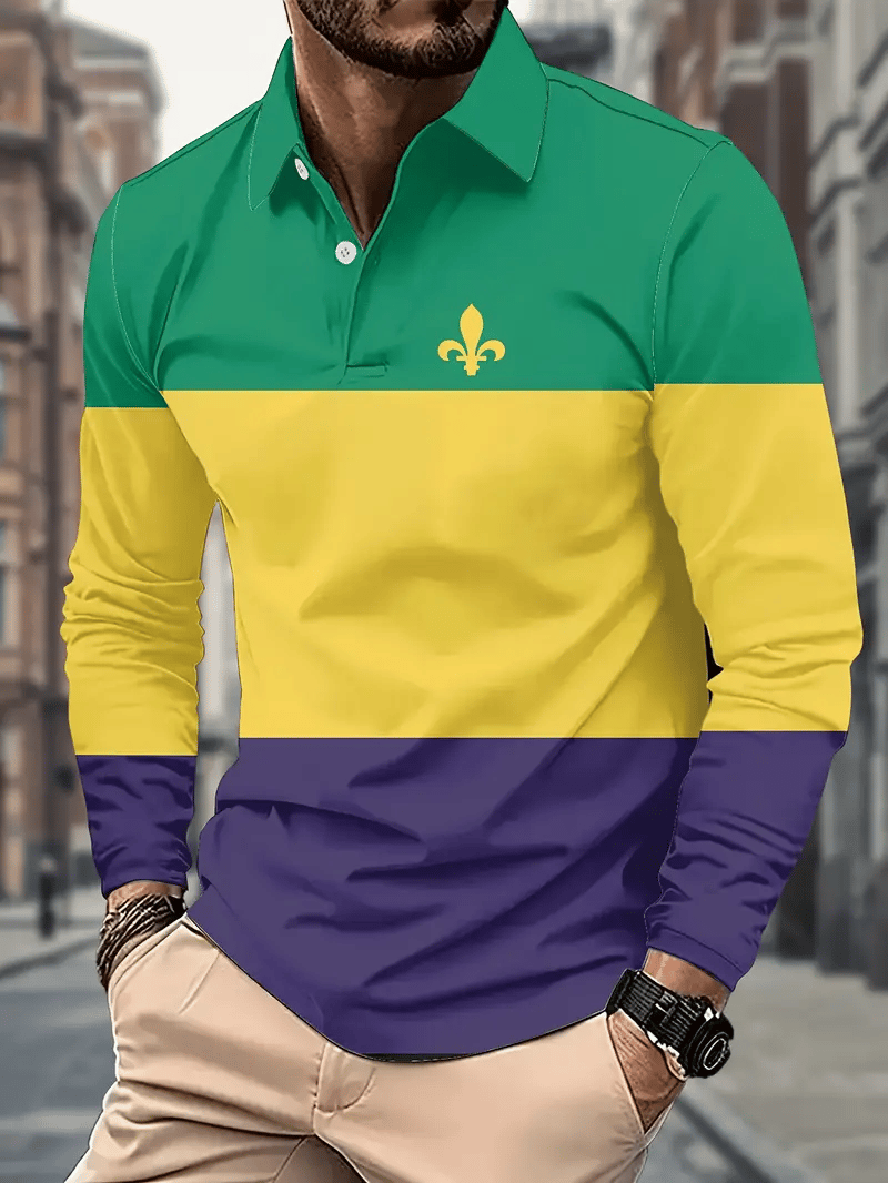 Men's Party Carnival Print Long Sleeve Polo Shirt