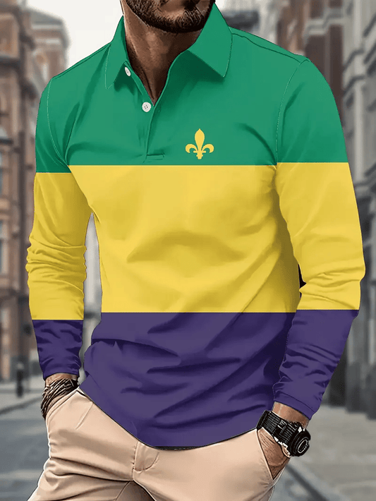 Men's Party Carnival Print Long Sleeve Polo Shirt