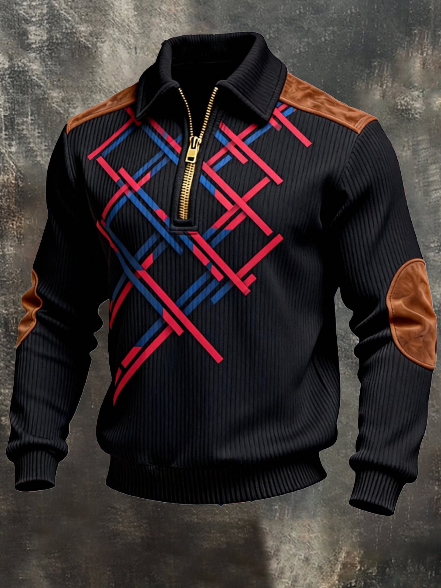 Men's Vintage Color-Block Printed Zip-Up Hoodie