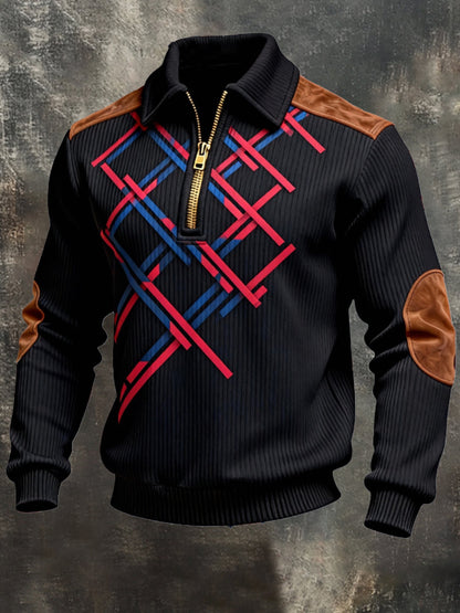 Men's Vintage Color-Block Printed Zip-Up Hoodie
