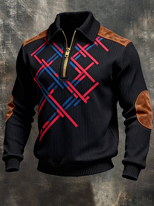 Men's Vintage Color-Block Printed Zip-Up Hoodie