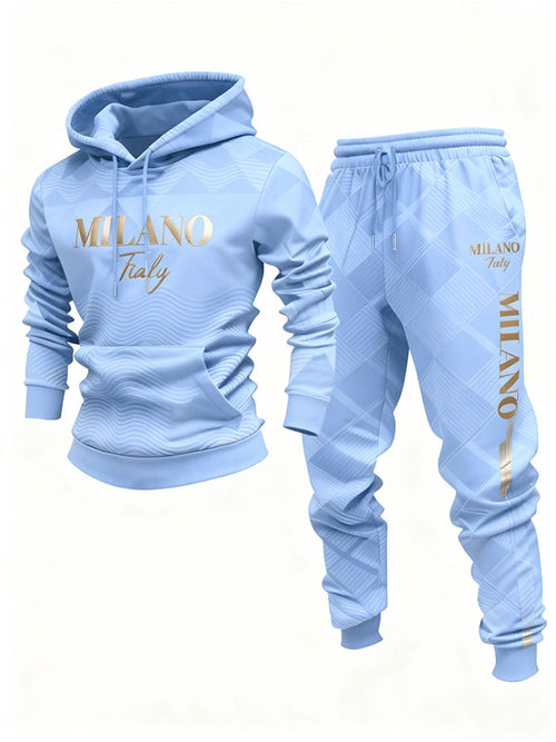 Men's Casual Blue & Gold Color Geometric Pattern Hoodies Long Sleeved Sweatshirts & Sweatpants Two-Piece Set