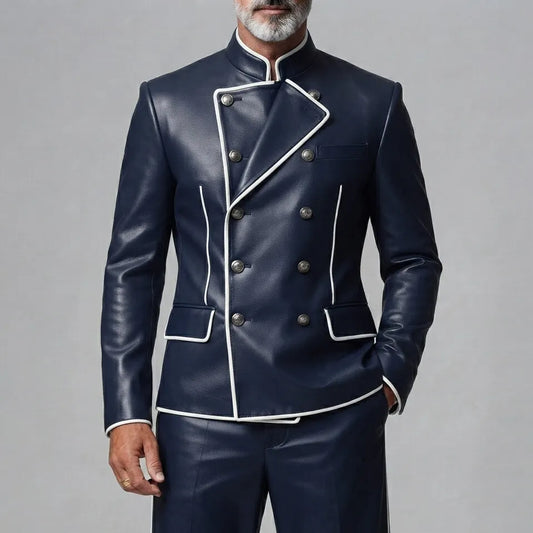 Men's Navy Blue PU Leather Stand Collar Contrast Piping Double-Breasted Jacket