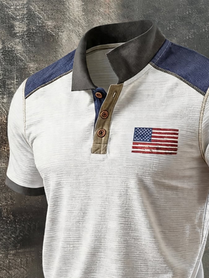 Men's Retro Patriotic Color-Block Short-Sleeve Polo Shirt