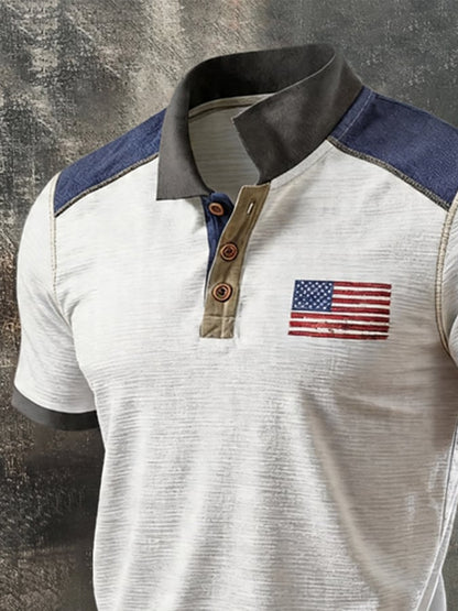 Men's Retro Patriotic Color-Block Short-Sleeve Polo Shirt