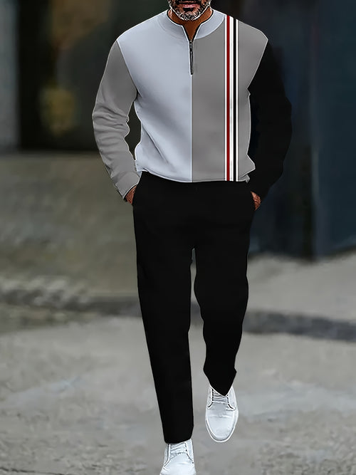 Men's Gray Casual Color Matching Printed Round-Neck Zipper Long Sleeved Trousers Navy Blue Two-Piece Set