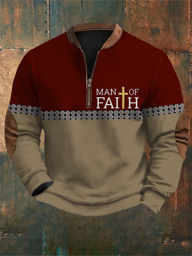 Men's Retro Western Style Faith Cross Print Zipper Neck Sweatshirt