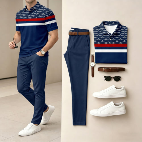 Men's Navy Blue Color Matching Striped Printed Short Sleeved Polo Shirt & Pants Two-Piece Set