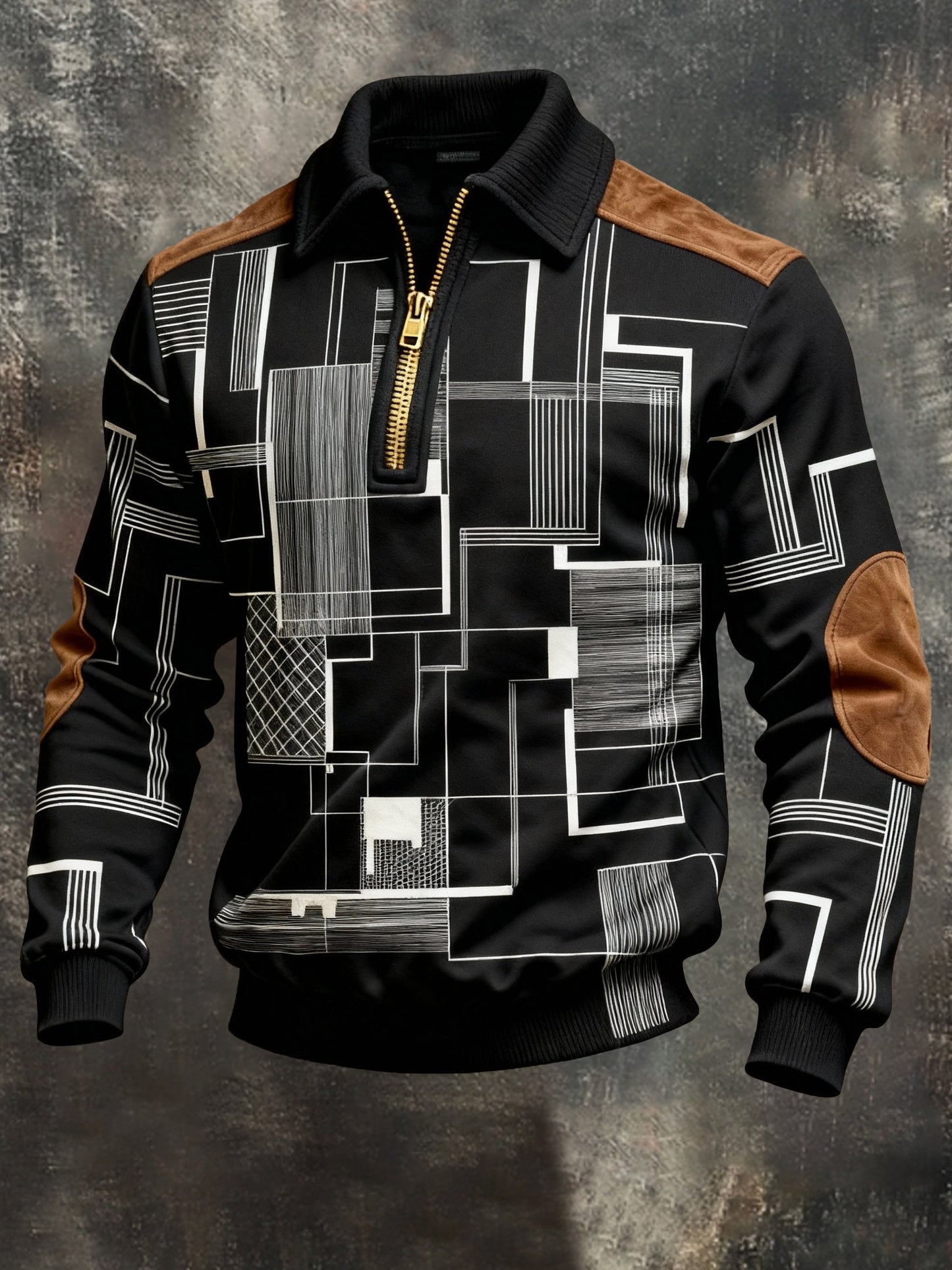 Men's Vintage Color-Block Printed Zip-Up Hoodie