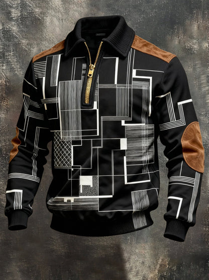 Men's Vintage Color-Block Printed Zip-Up Hoodie
