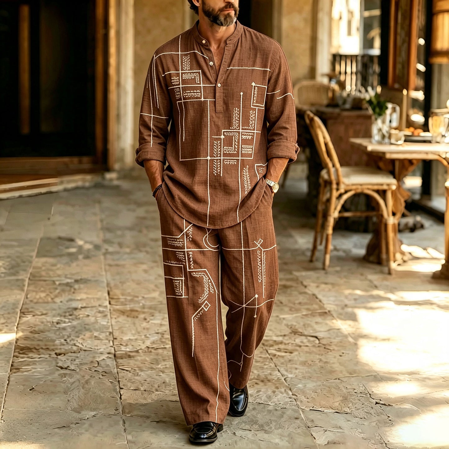 Men's Striped Print Stand-Collar Polo Shirt and Pants Set