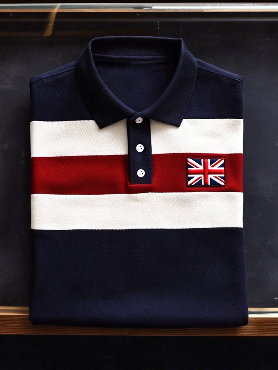 Men's Business Casual Union Jack Button Short Sleeve Polo Shirt
