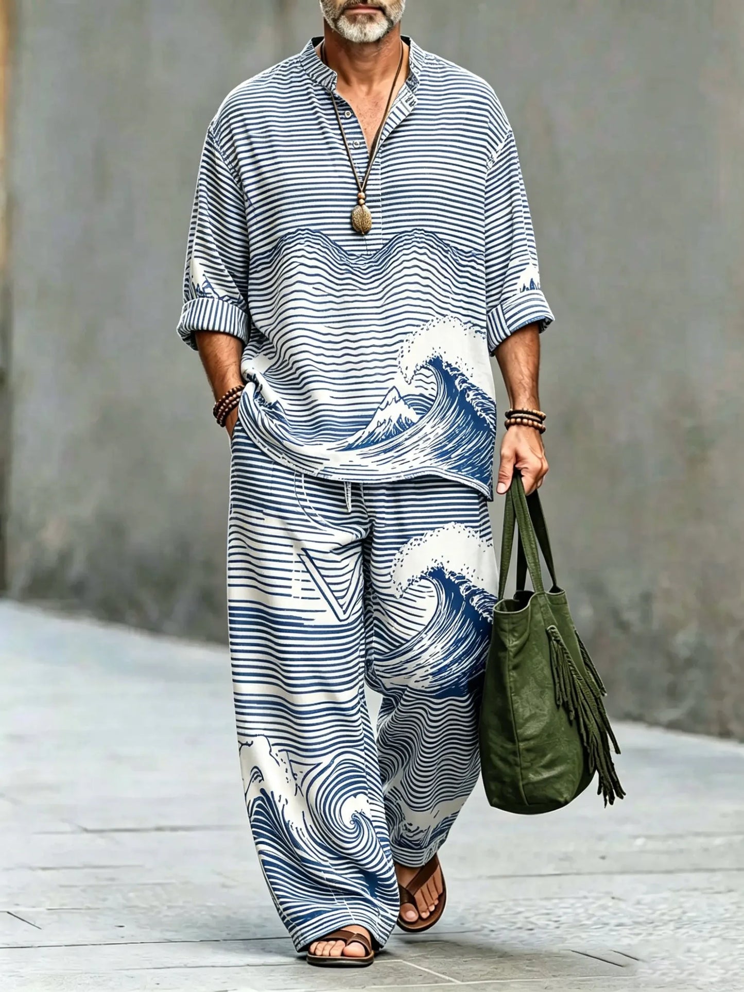 Men's Vintage Abstract Art Printed Cotton Shirt Set (Top & Pants)