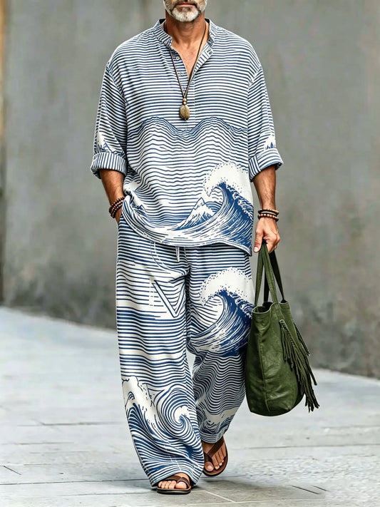 Men's Vintage Abstract Art Printed Cotton Shirt Set (Top & Pants)