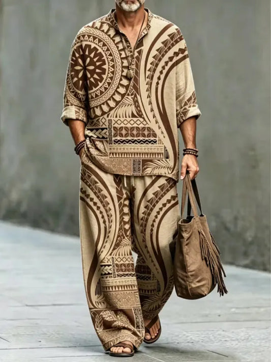 Men's Boho Tribal Aztec Sun Wave Print Half Button Long Sleeve Shirt Pants 2pcs Set