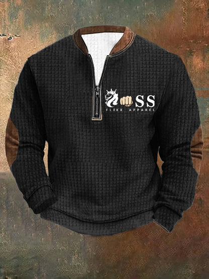 Men's Retro Letter Design Printed Zipper Collar Square Jacquard Sweatshirt
