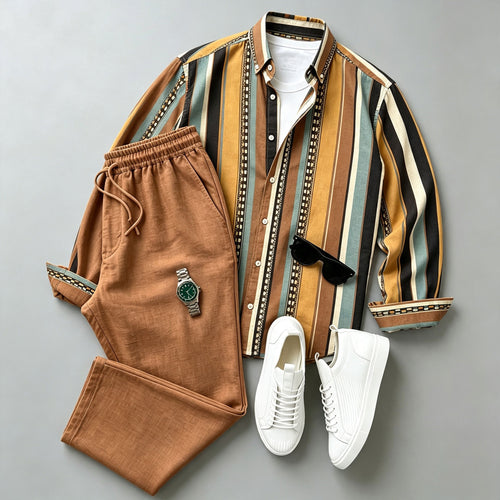 Men's Color-Blocked Striped Long-Sleeve Shirt and Pants Set