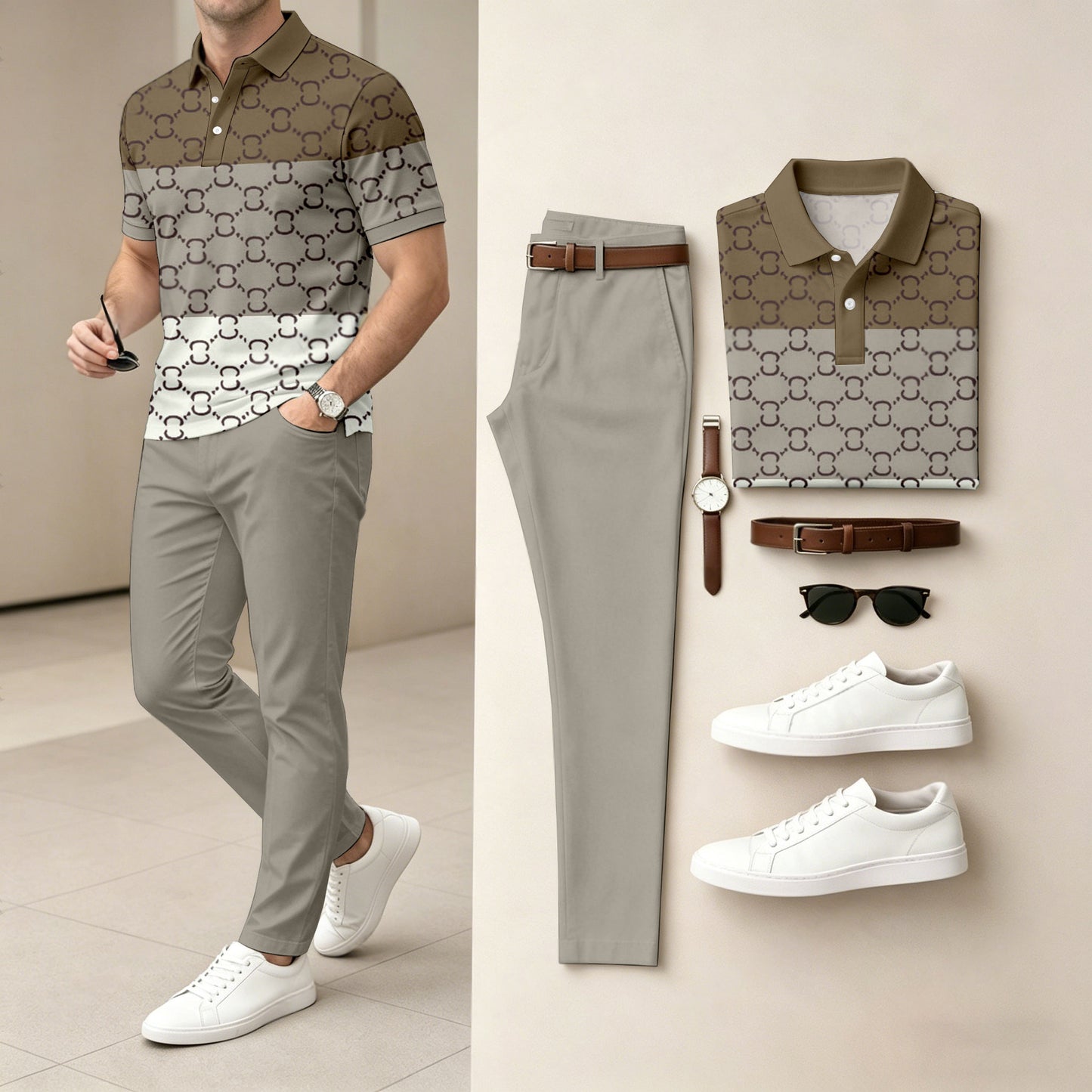 Men's Casual Dark Brown & Gray Plaid Printed Polo Shirt And Pants Two-Piece Set