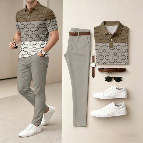 Men's Casual Dark Brown & Gray Plaid Printed Polo Shirt And Pants Two-Piece Set