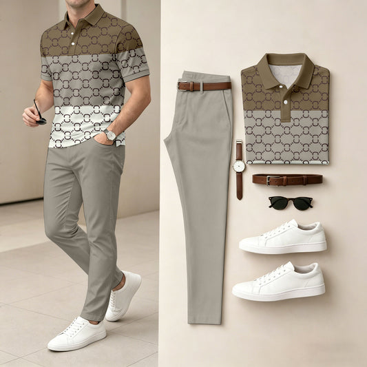 Men's Casual Dark Brown & Gray Plaid Printed Polo Shirt And Pants Two-Piece Set