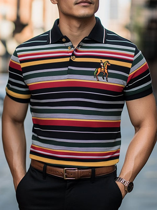 Men's Business Stripe Logo Button-Down Short Sleeve Polo Shirt
