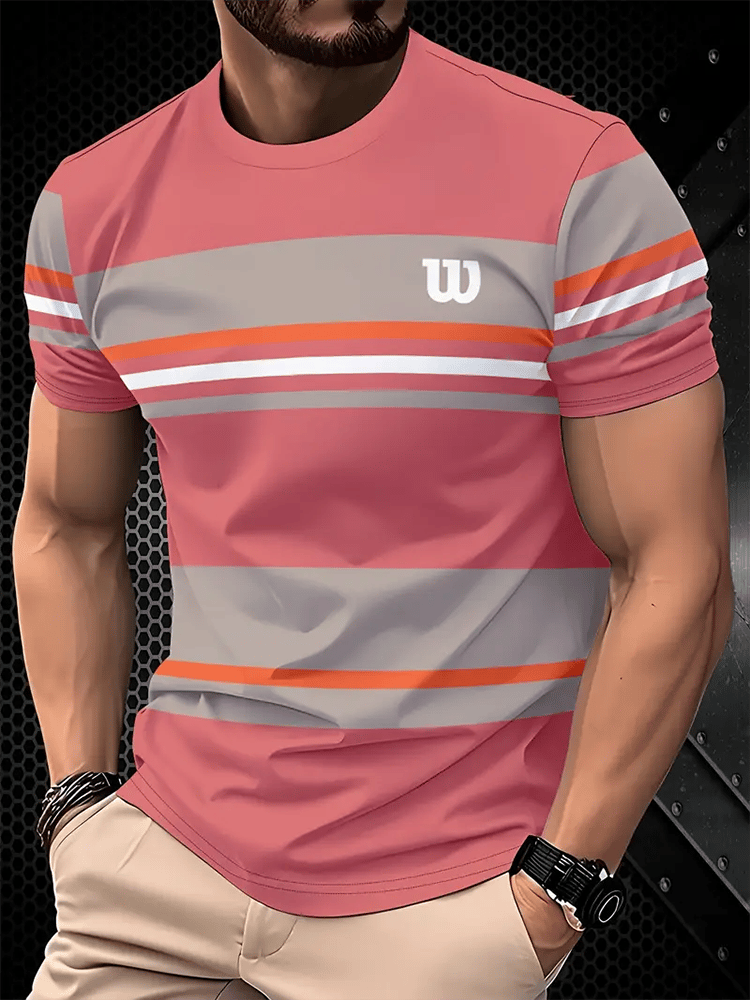 Men's Business Stripe Logo Print Short Sleeve T-Shirt