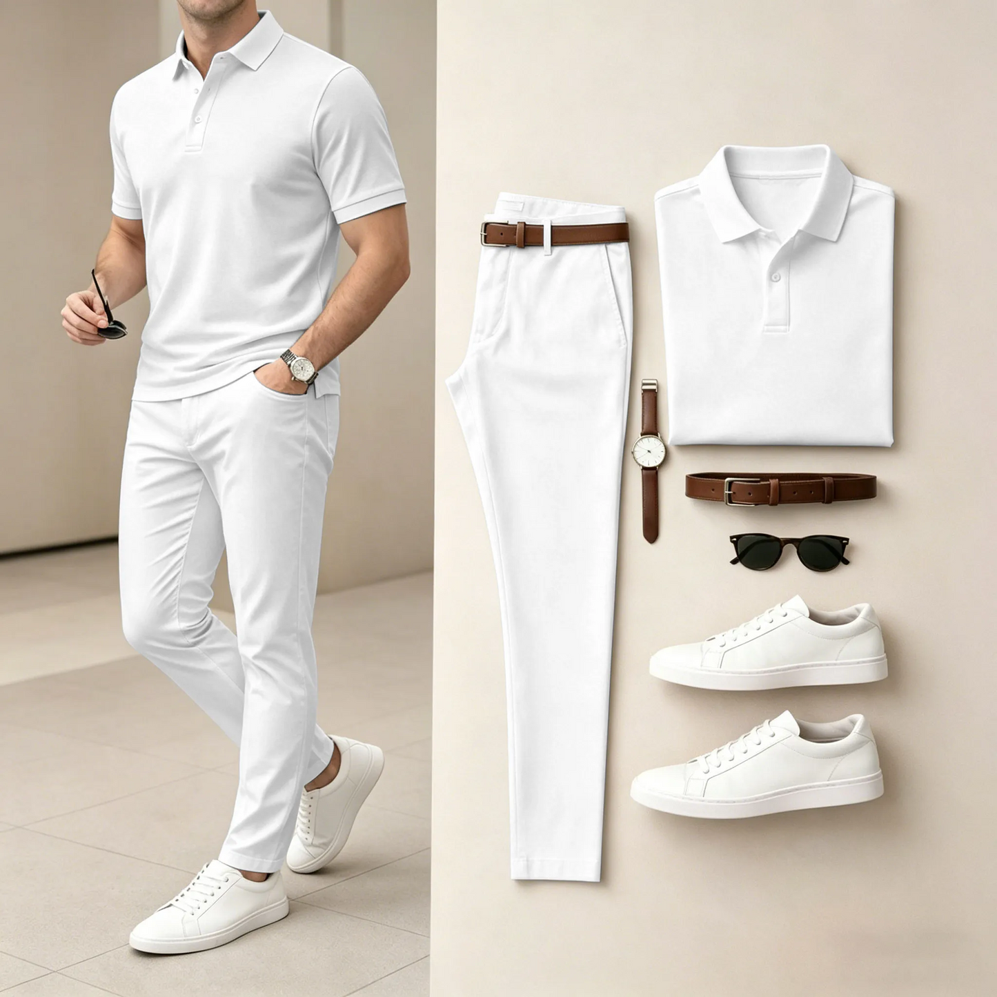Men's Casual White Printed Polo Shirt And Pants Two-Piece Set
