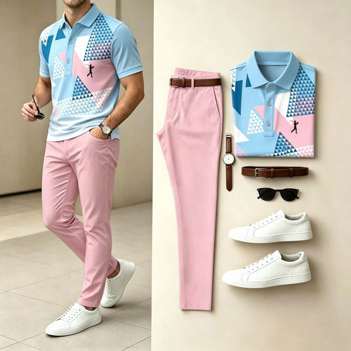 Men's Casual Blue Pink Triangle Printed Polo Shirt & Pants Two-Piece Set