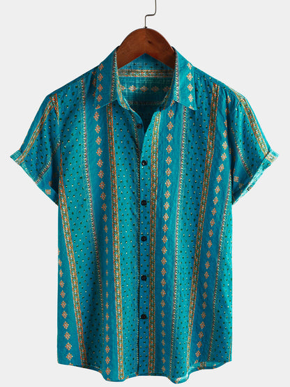 Men's Retro Striped Print Button Up 70s Vintage Short Sleeve Shirt