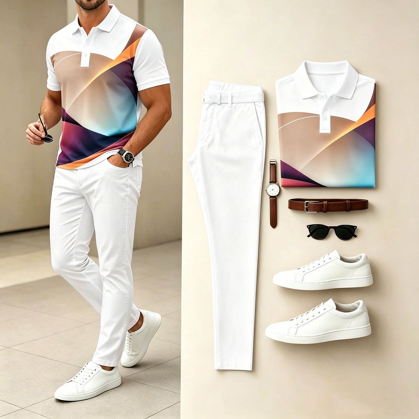 Men's Casual Rainbow Gradient Curve Printed Polo Shirt & White Pants Two-Piece Set