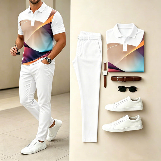 Men's Casual Rainbow Gradient Curve Printed Polo Shirt & White Pants Two-Piece Set