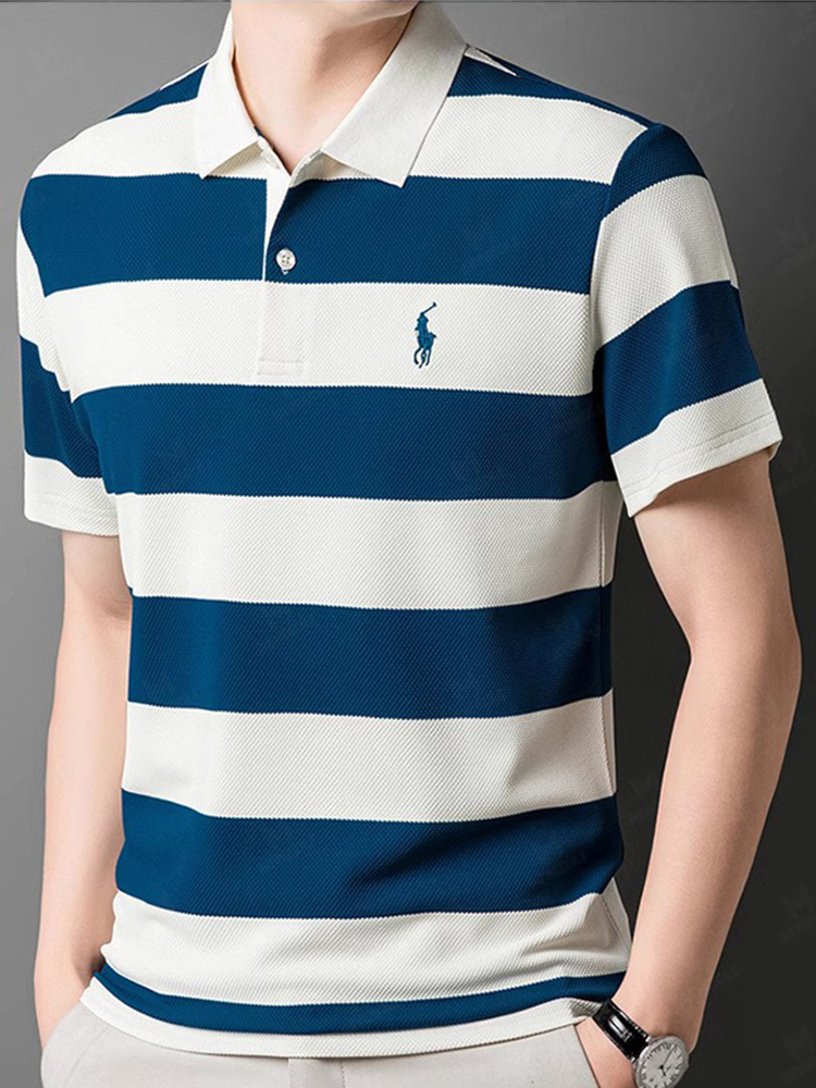 Men's Fashion Business Style Letter Printed Waffle Casual Short Sleeve POLO Shirt