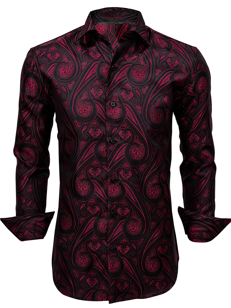 Men's Fashion Casual Burgundy Printed Long Sleeve Shirt