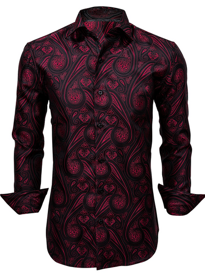Men's Fashion Casual Burgundy Printed Long Sleeve Shirt