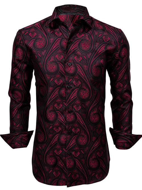 Men's Fashion Casual Burgundy Printed Long Sleeve Shirt