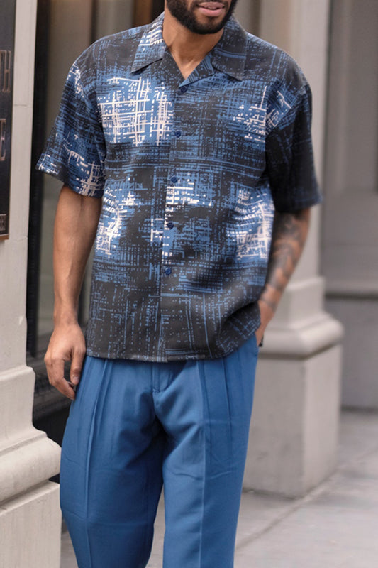 Men's Colorblock Printed  Short Sleeve Shirt Pants Walking Suit 002