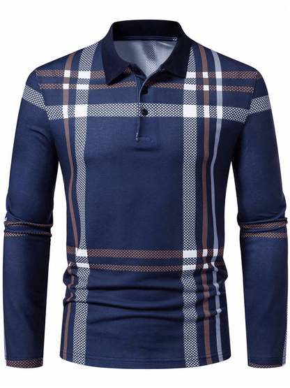 Men's Plaid Business Casual Long Sleeve Polo Shirt