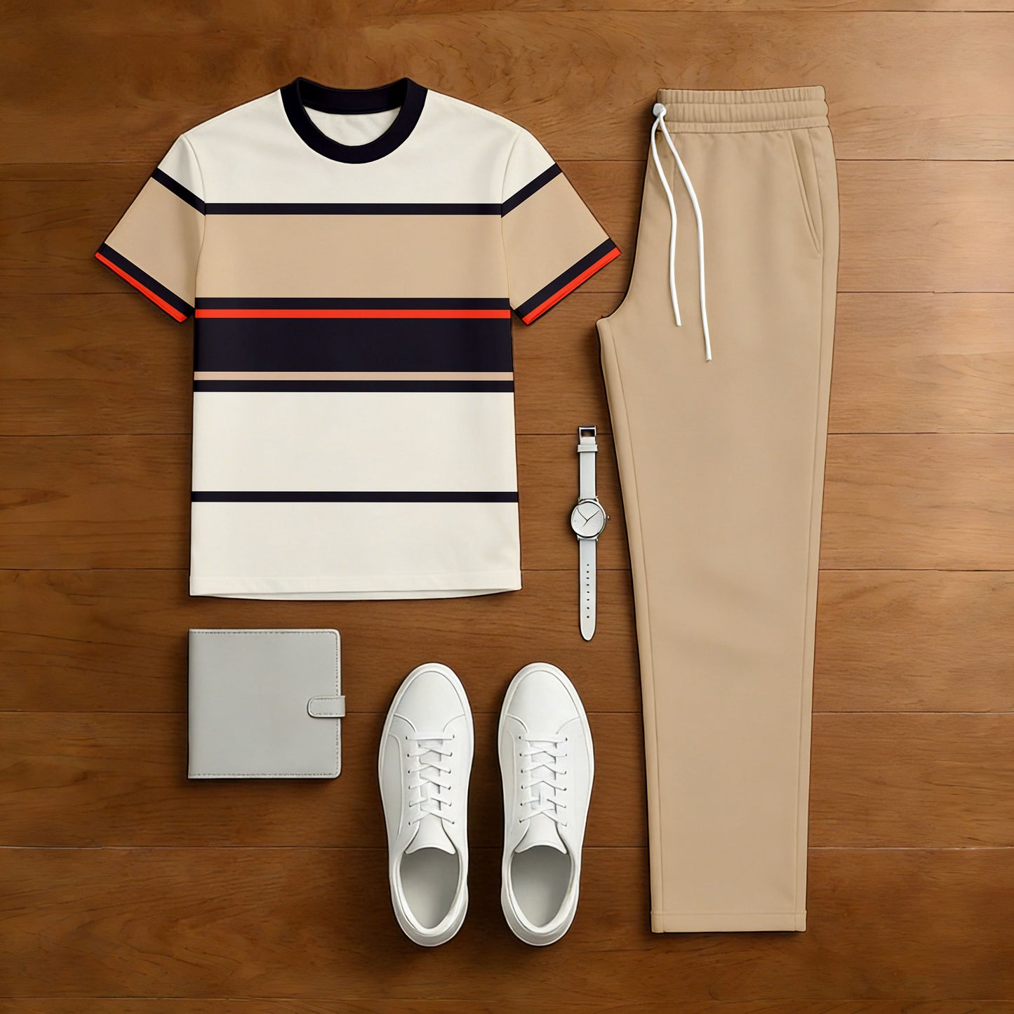 Men's Casual Tan & Beige Color Matching Striped Printed Short Sleeved T-Shirt & Trousers Two-Piece Set