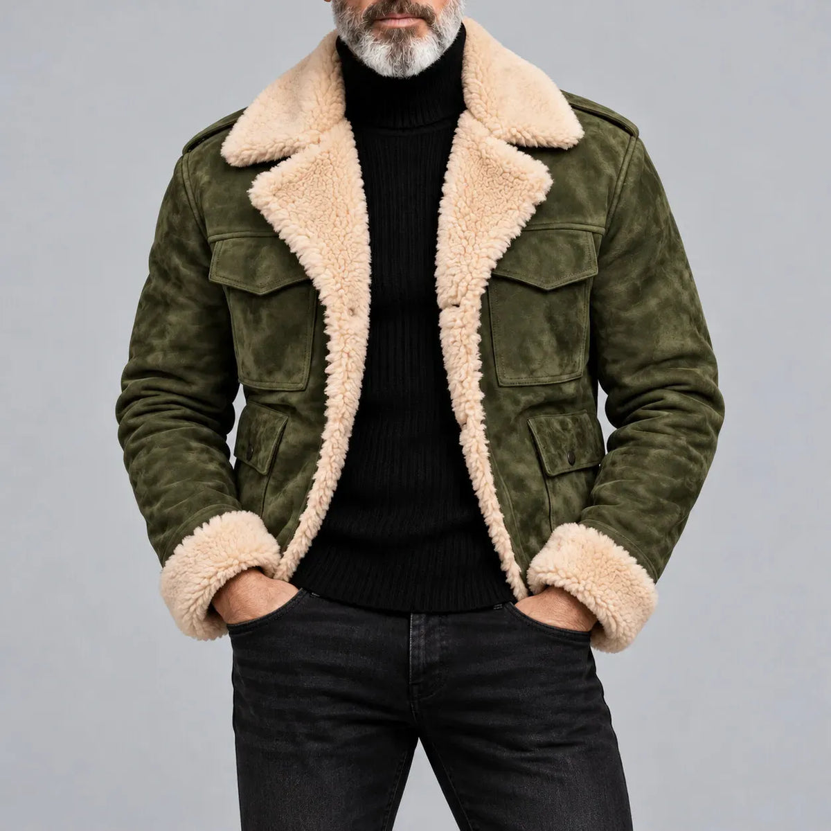 Men's Army Green Suede Multi-Pocket Lapel Collar Single Breasted Thickened Warm Jacket