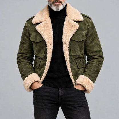Men's Army Green Suede Multi-Pocket Lapel Collar Single Breasted Thickened Warm Jacket