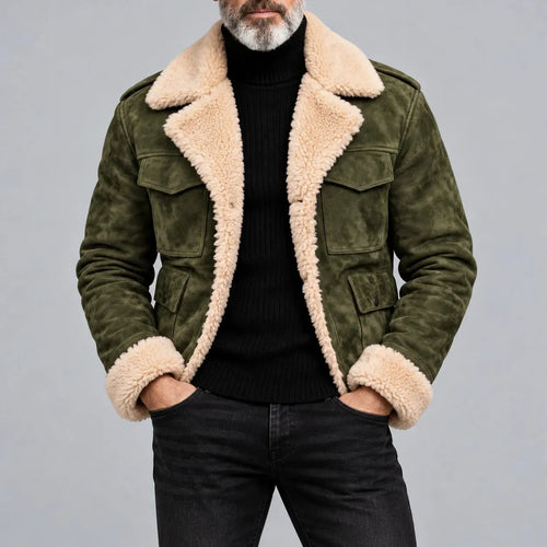 Men's Army Green Suede Multi-Pocket Lapel Collar Single Breasted Thickened Warm Jacket