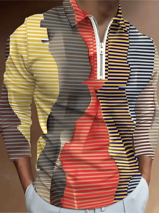 Men's Business Luxury Striped Zip-Neck Polo Shirt