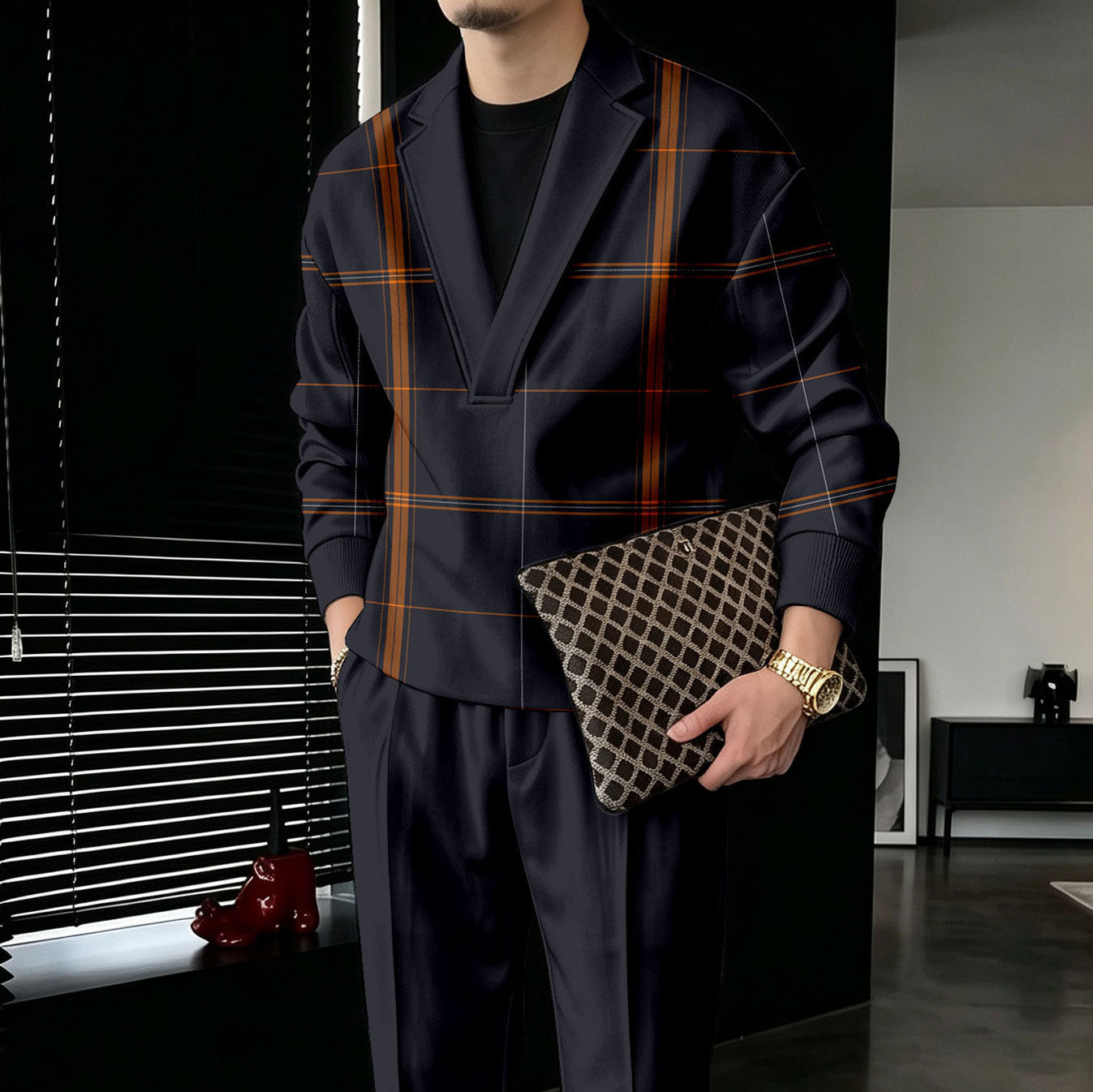 Men's Two-Piece Set: Color-Blocked V-Neck Sweatshirt and Pants