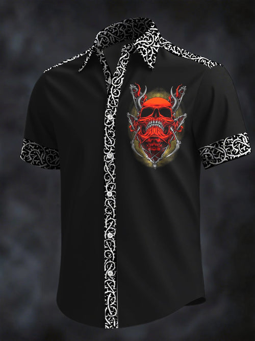 Men's Retro Horror Skull Print Lapel Short Sleeve Shirt