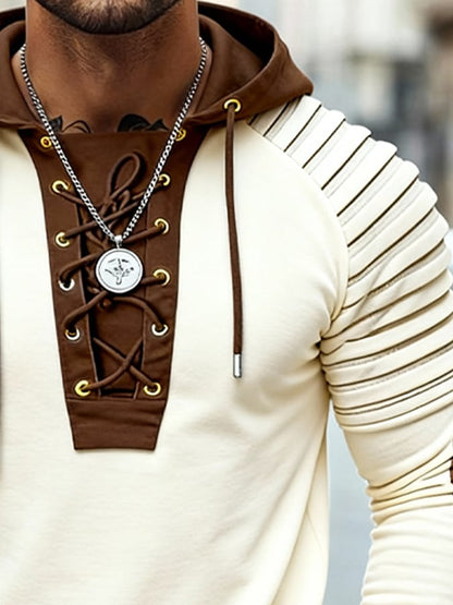 Men's Vintage Outdoor Style Lace-Up Design Warm Hooded Sweatshirt