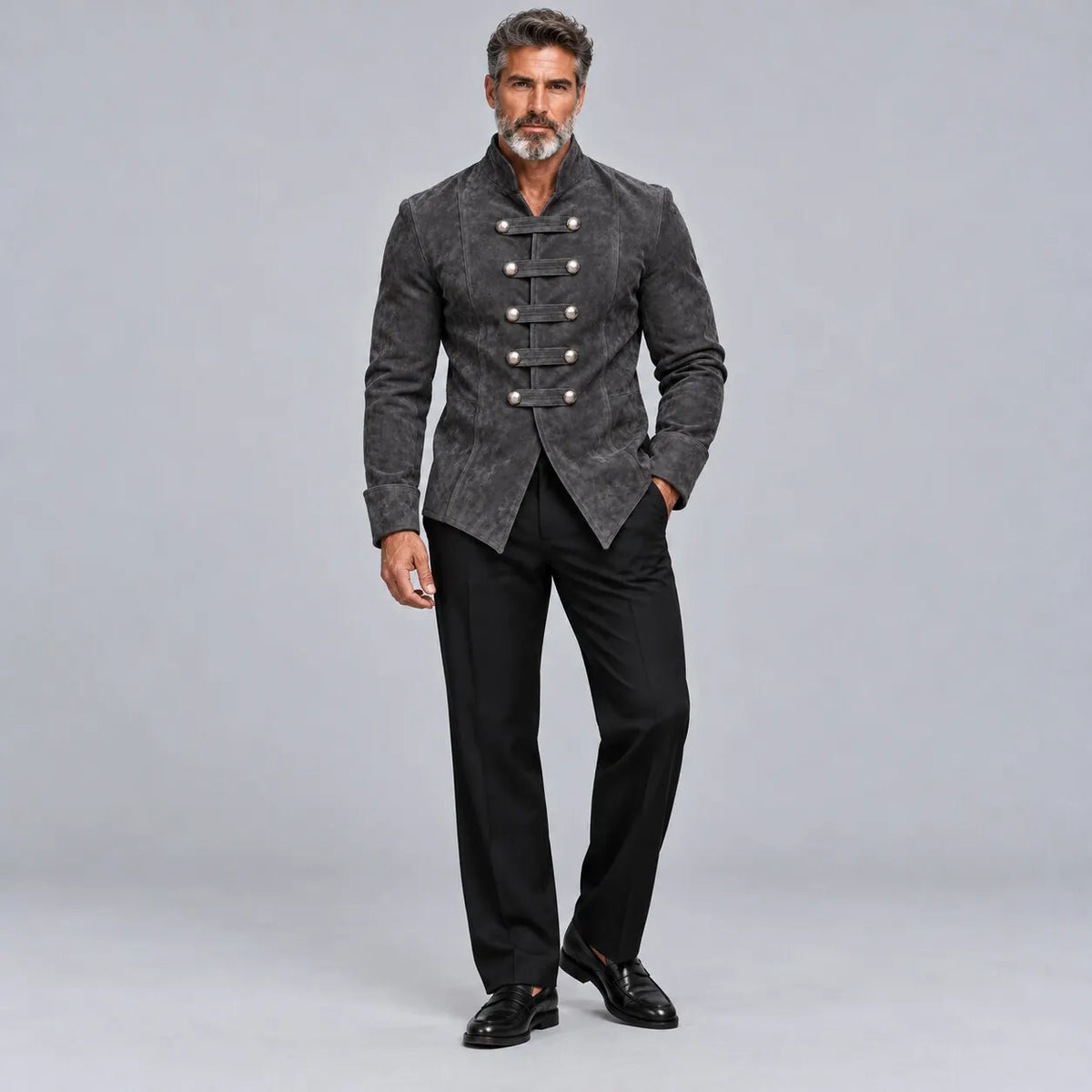 Men's Burgundy Suede Stand Collar Metal Button Slim Fit Vintage Hussar Jacket