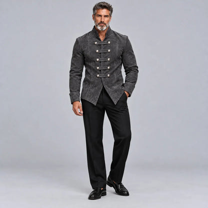 Men's Burgundy Suede Stand Collar Metal Button Slim Fit Vintage Hussar Jacket