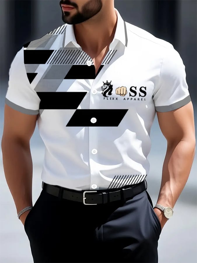 Men's Retro Letter Design Printed Business Short Sleeve Shirt