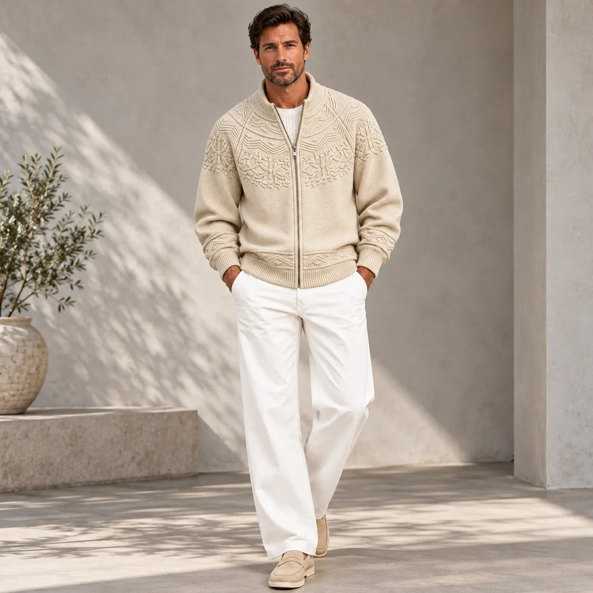 Men's Khaki Geometric Cable Knit Texture Casual Zip-Up Cardigan