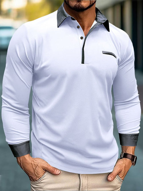 Men's Fashion Color Blocking Half Button Long Sleeve Polo Shirt